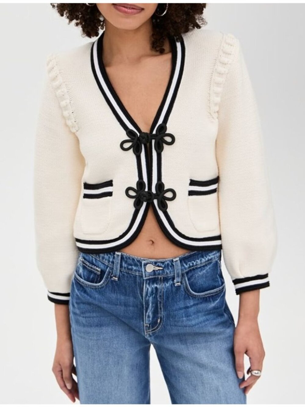 L'AGENCE Kaito Contrast Trim Crop Cardigan Sweater White Black XS